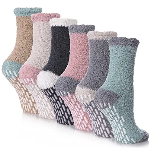 6 Pairs Non Slip Fuzzy Socks for Womens with Grips Anti Slip Soft Fluffy Cozy Winter Warm Slipper Socks (6 Pairs Multicolor Fuzzy Socks A)