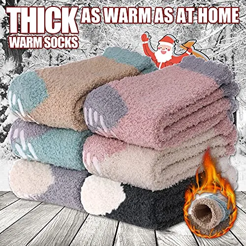 6 Pairs Non Slip Fuzzy Socks for Womens with Grips Anti Slip Soft Fluffy Cozy Winter Warm Slipper Socks (6 Pairs Multicolor Fuzzy Socks A)