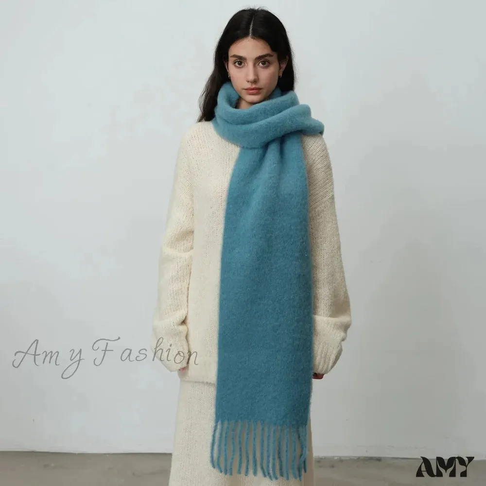 80% Wool Blend Solid Color Tassel Scarf for Women - Autumn Winter Collection