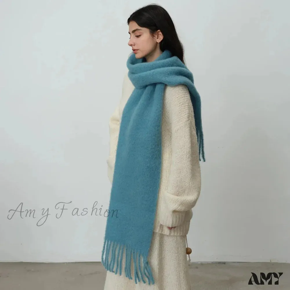 80% Wool Blend Solid Color Tassel Scarf for Women - Autumn Winter Collection