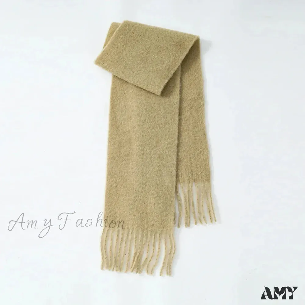 80% Wool Blend Solid Color Tassel Scarf for Women - Autumn Winter Collection