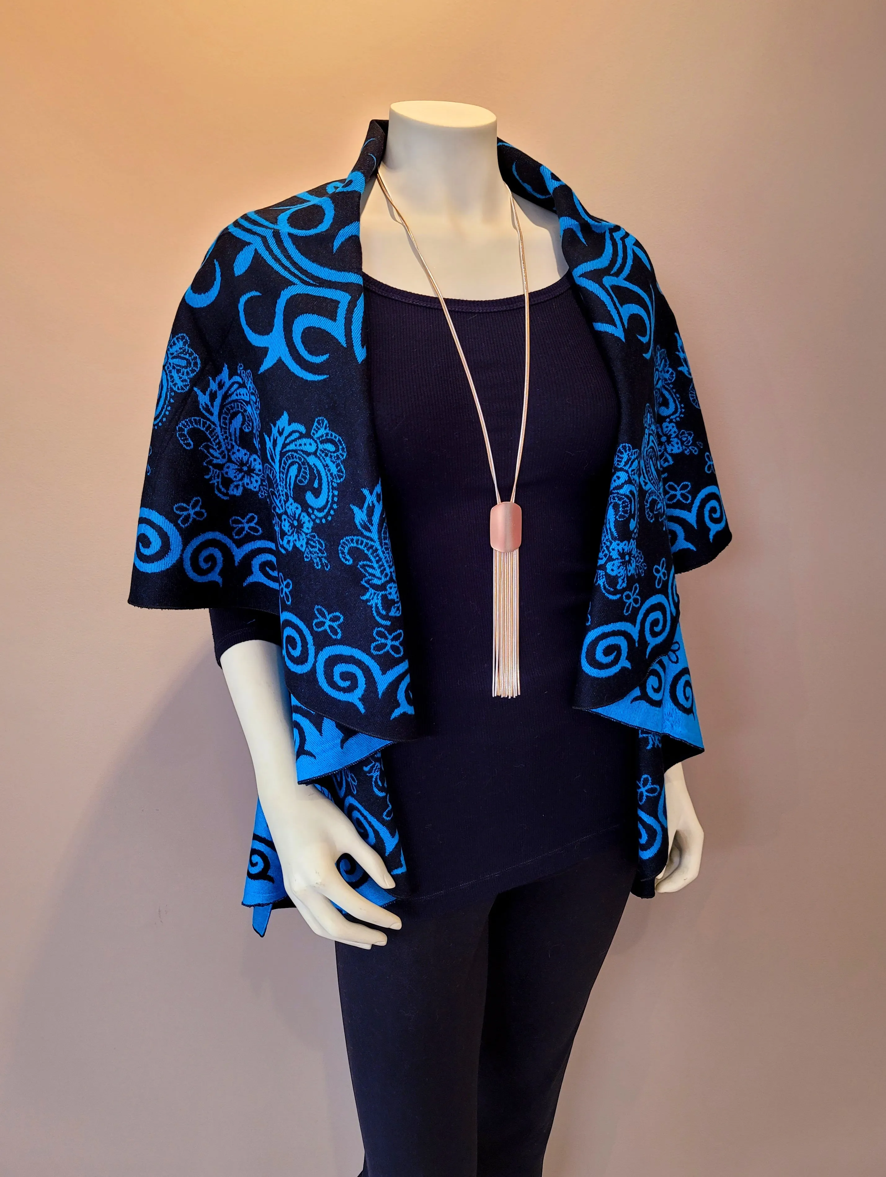 Aqua Blue/Black Print Shawl