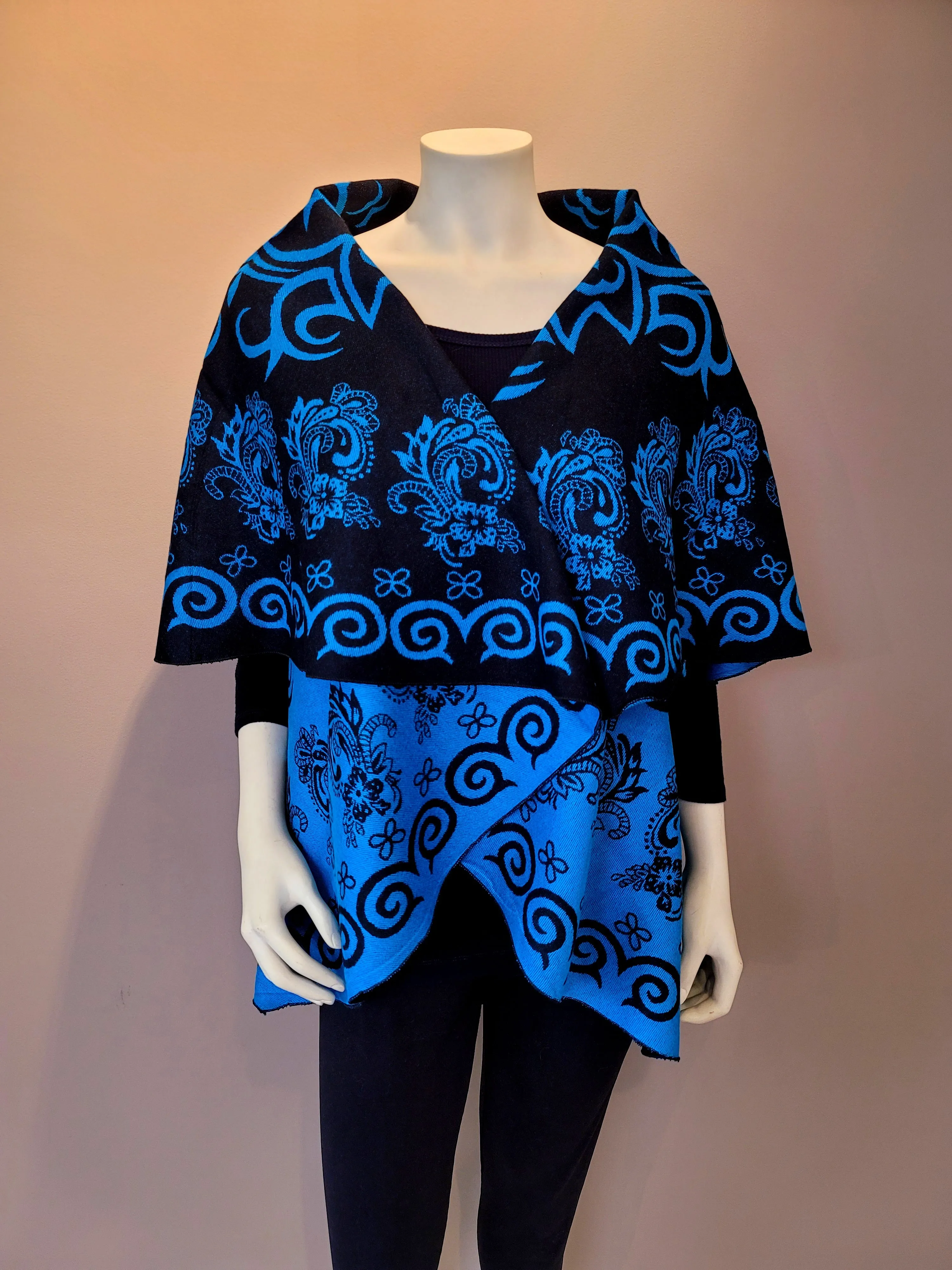 Aqua Blue/Black Print Shawl