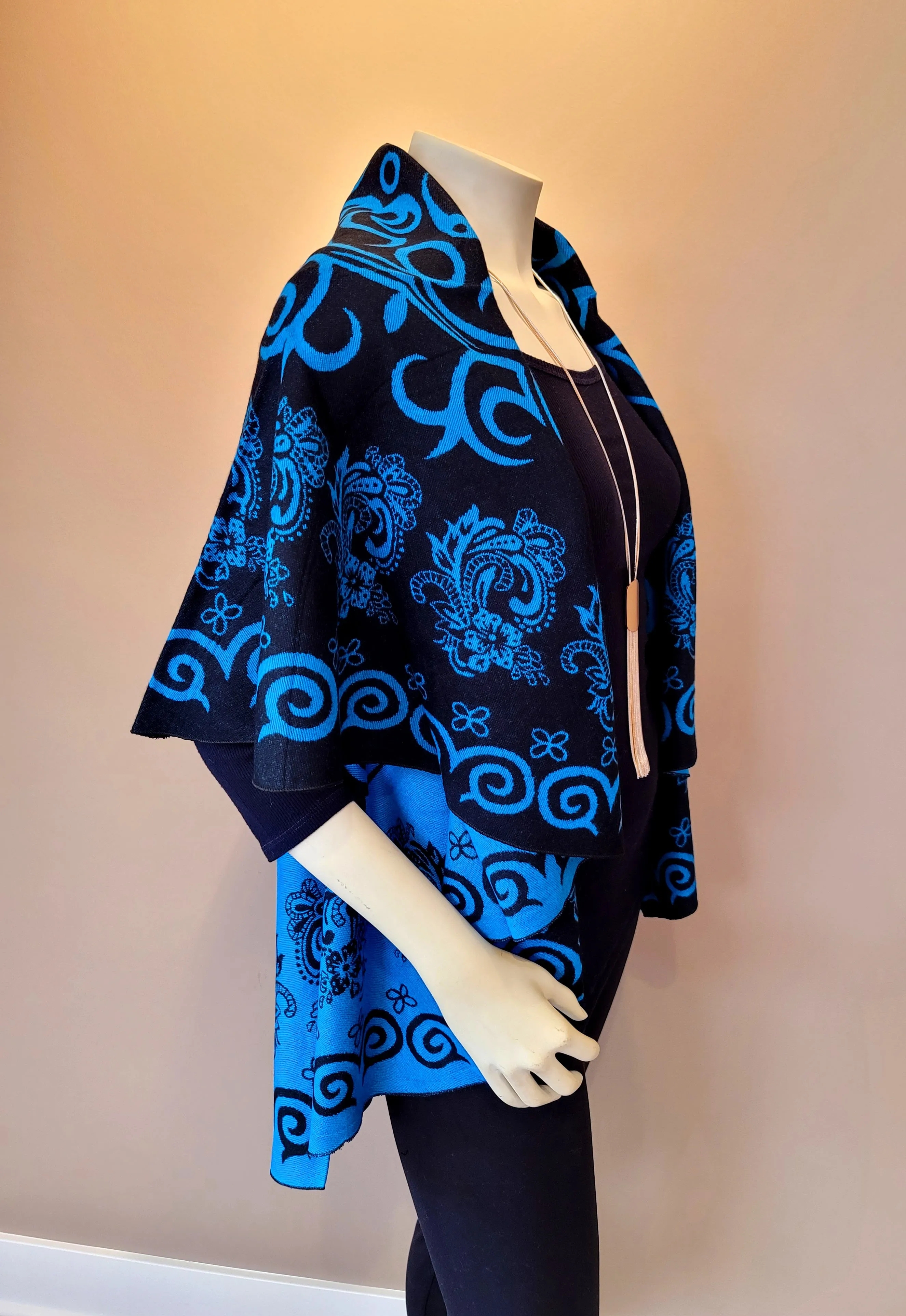 Aqua Blue/Black Print Shawl