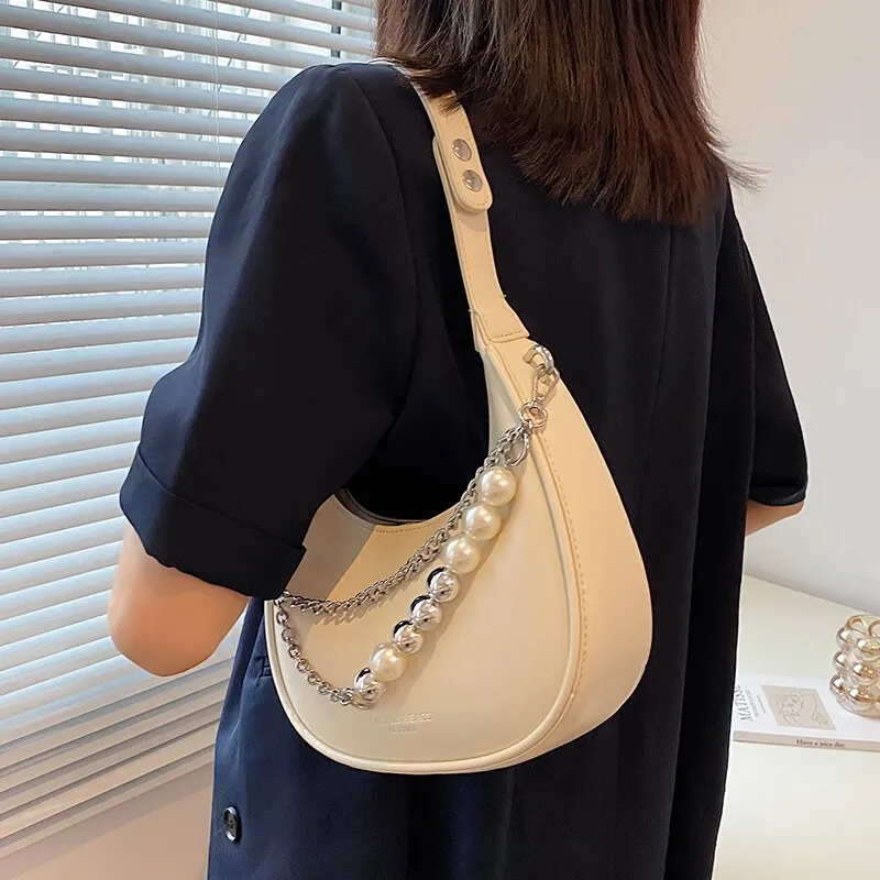 Back to College Vintage Fashion Female Tote Refreshing 2021 High Quality PU Leather Women Pearl chain Designer Handbag Shoulder Messenger Bag