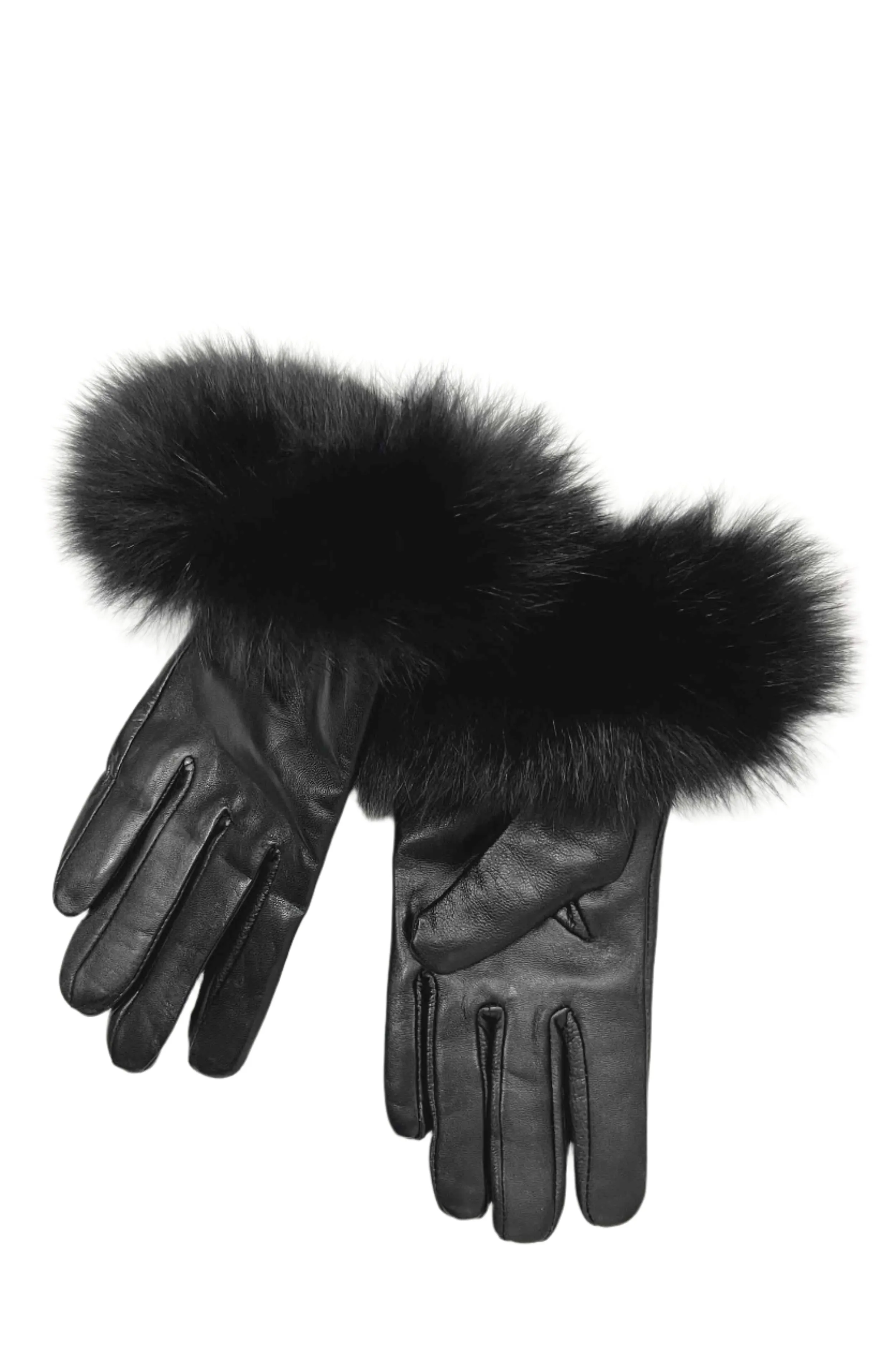 Black Lamb Leather Gloves with Black Fox Fur Trim