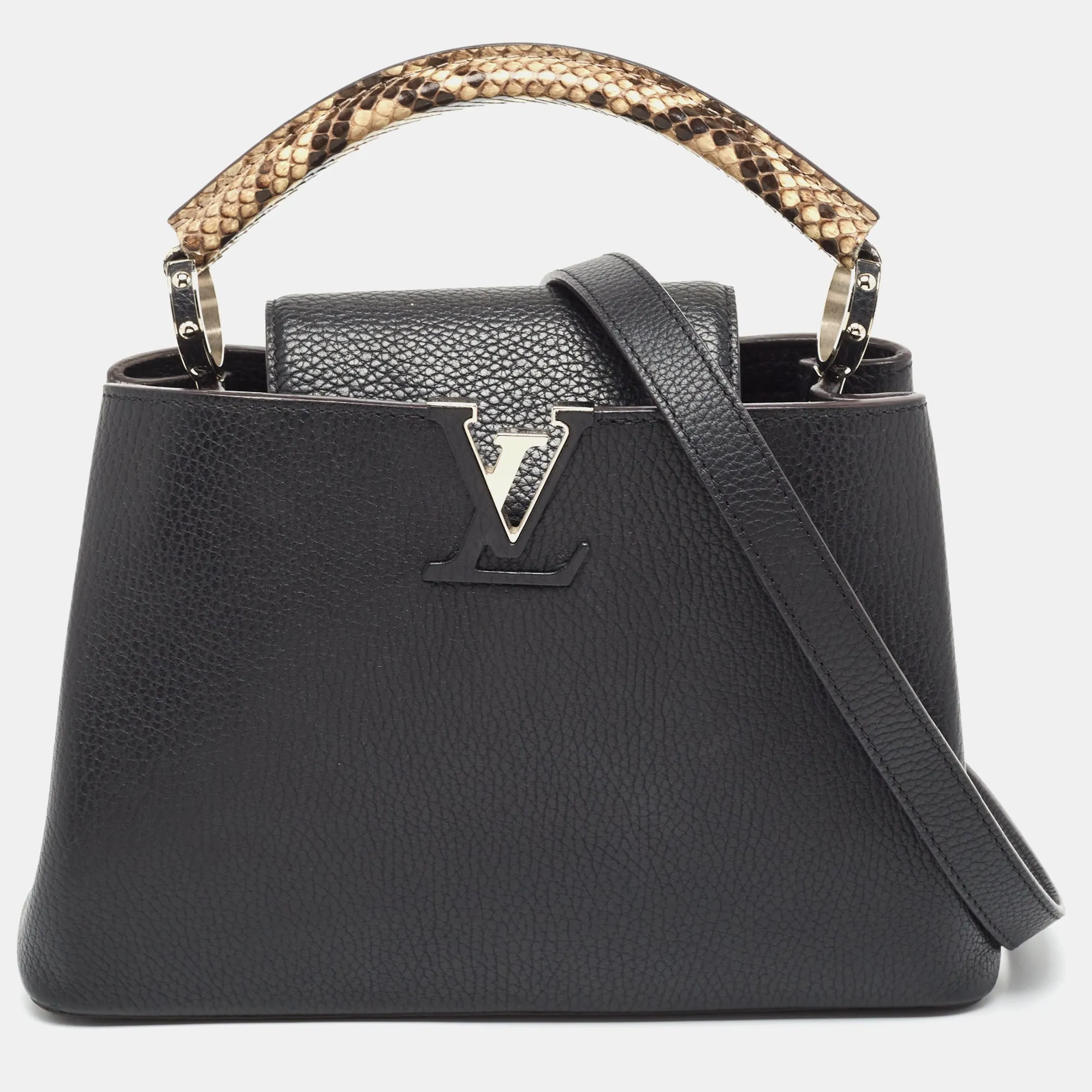 Black/Beige Taurillon Leather and Python Capucines BB Bag