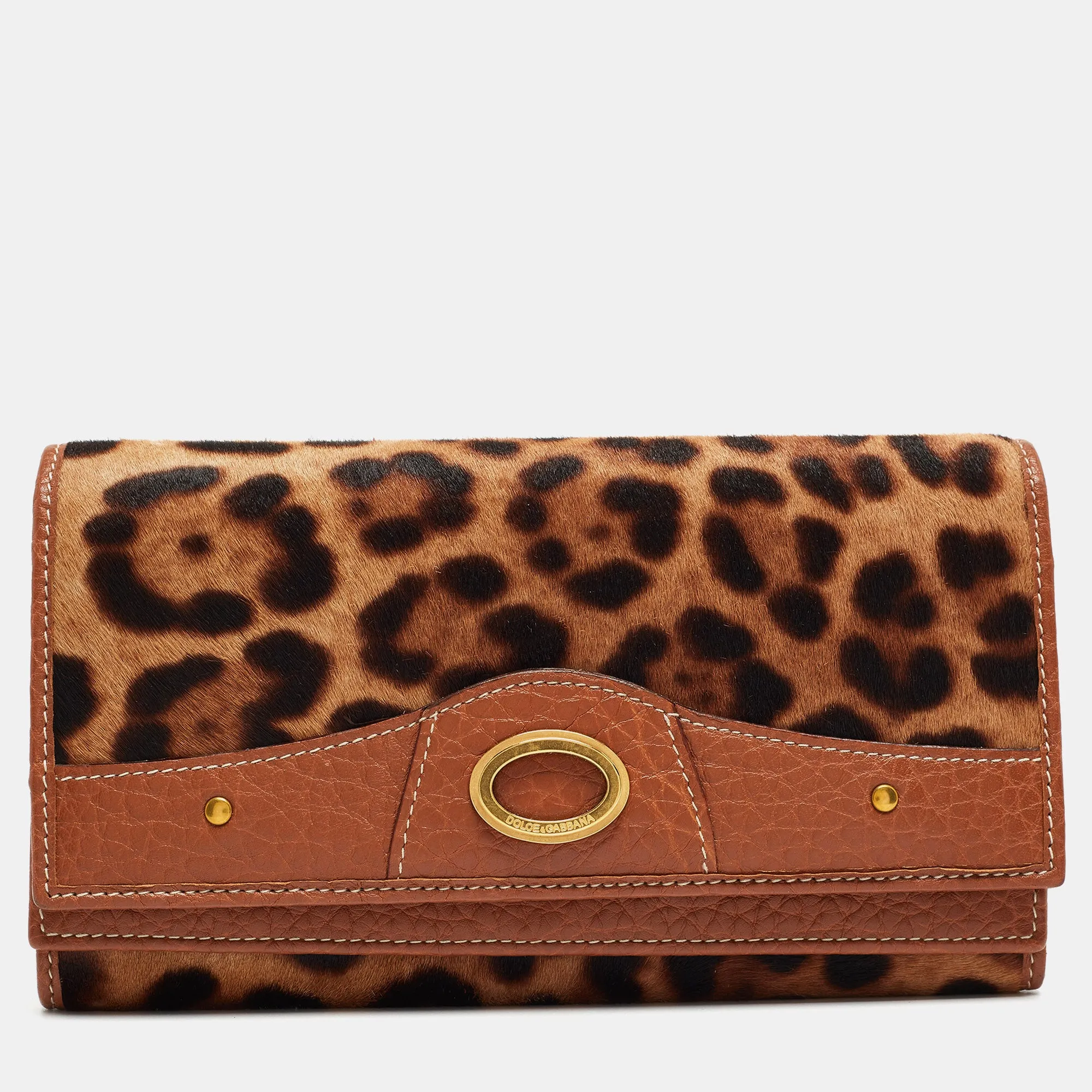 Brown/Beige Leopard Print Calfhair and Leather Double Flap Continental Wallet