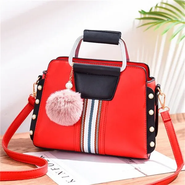 Contrast Colors Elegant Shoulder Bag Trendy Women Crossbody Bags Fur Ball Pendant Rivet Luxury Designer Ladies Top-handle Totes