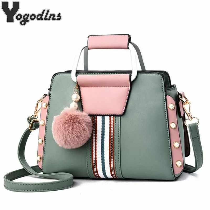 Contrast Colors Elegant Shoulder Bag Trendy Women Crossbody Bags Fur Ball Pendant Rivet Luxury Designer Ladies Top-handle Totes