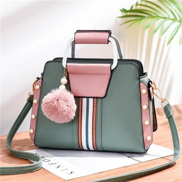 Contrast Colors Elegant Shoulder Bag Trendy Women Crossbody Bags Fur Ball Pendant Rivet Luxury Designer Ladies Top-handle Totes