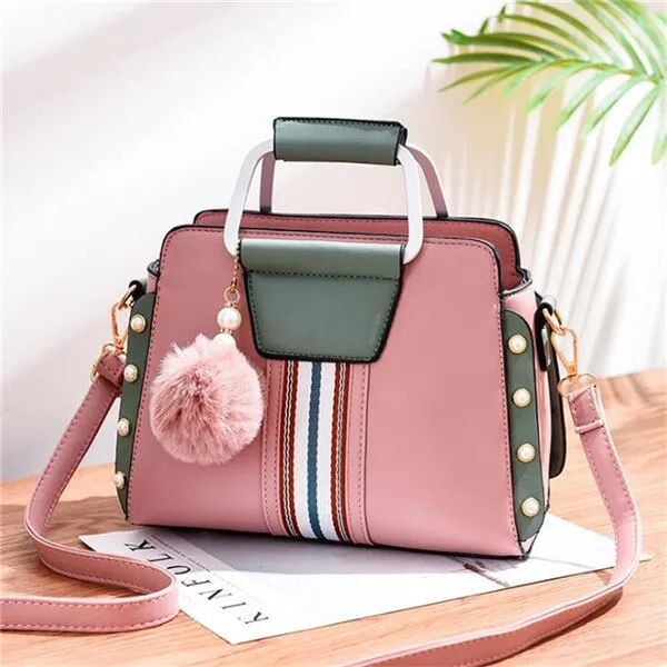 Contrast Colors Elegant Shoulder Bag Trendy Women Crossbody Bags Fur Ball Pendant Rivet Luxury Designer Ladies Top-handle Totes