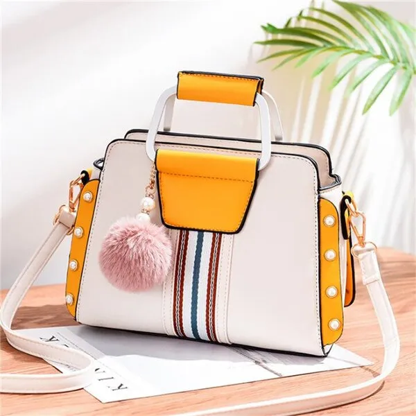 Contrast Colors Elegant Shoulder Bag Trendy Women Crossbody Bags Fur Ball Pendant Rivet Luxury Designer Ladies Top-handle Totes