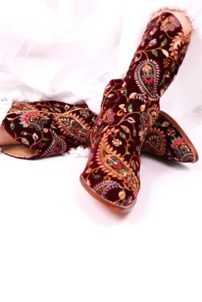 EMBROIDERED VELVET PAISLEY PATTERN COWBOY BOOTS DARIA