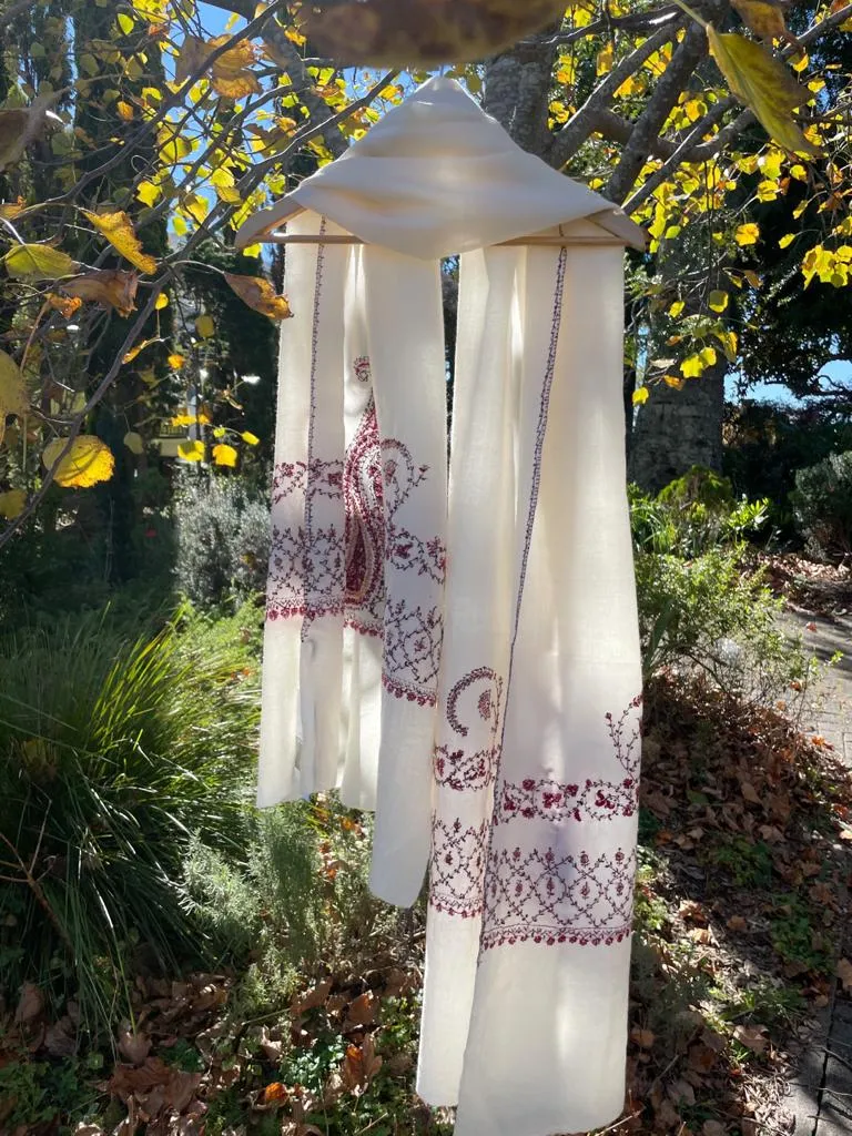 Fair Trade Embroidered Wool Shawl/Stole/Scarf (White Paisley)