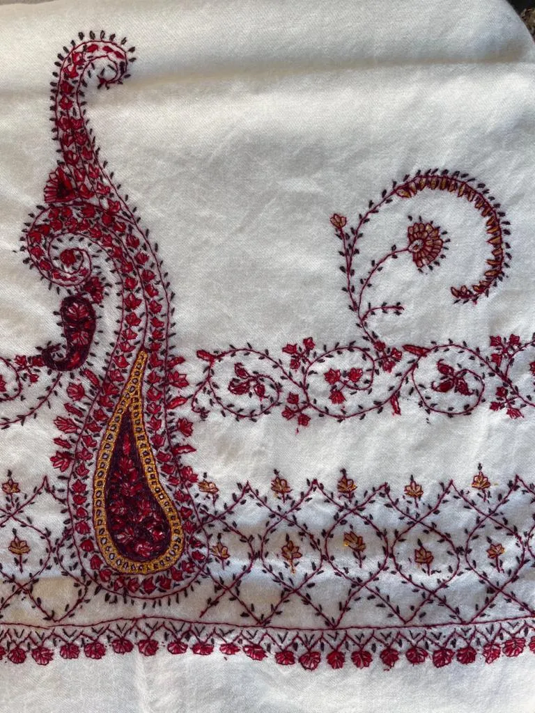 Fair Trade Embroidered Wool Shawl/Stole/Scarf (White Paisley)