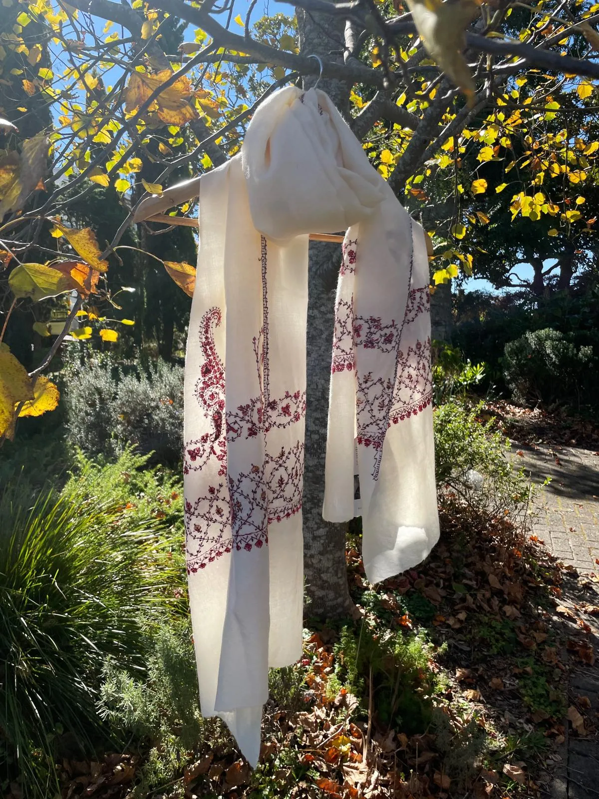 Fair Trade Embroidered Wool Shawl/Stole/Scarf (White Paisley)