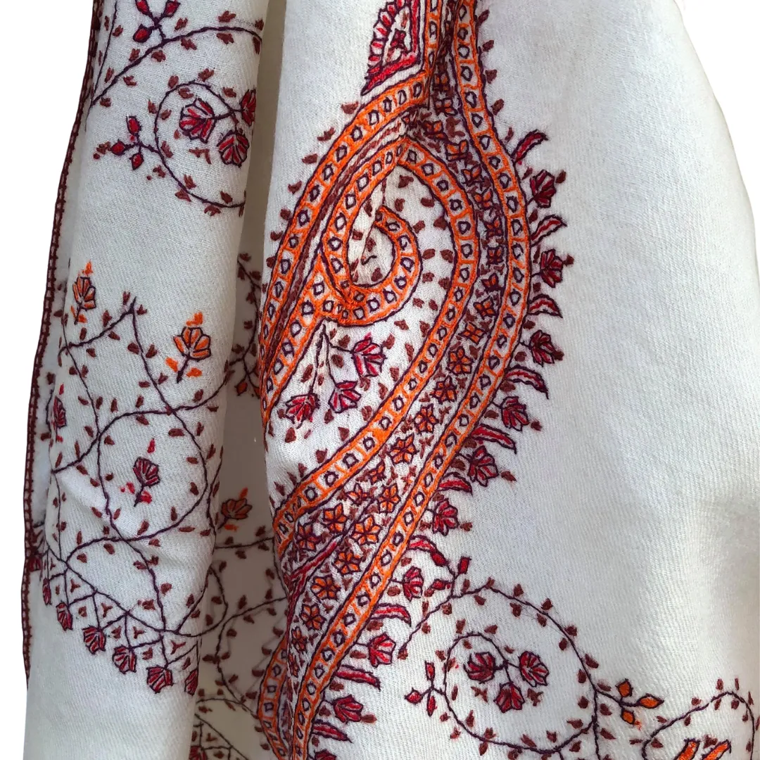 Fair Trade Embroidered Wool Shawl/Stole/Scarf (White Paisley)