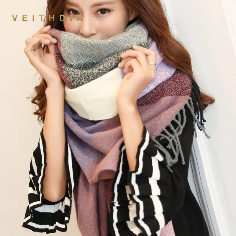 Female Wool Scarf Women Cashmere Scarves Wide Lattices Long Shawl Scarf