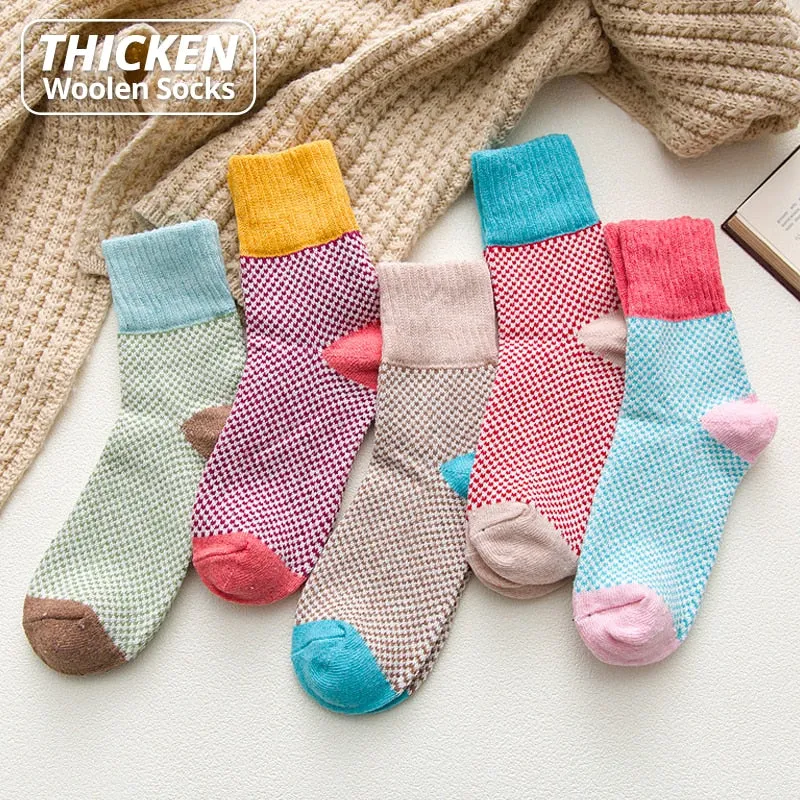 HSS Brand Thicken Women Winter Socks Warm Rabbit Wool Girl's Sox High Quality Cotton Casual Harajuku Stars Pattern socks 5Pairs