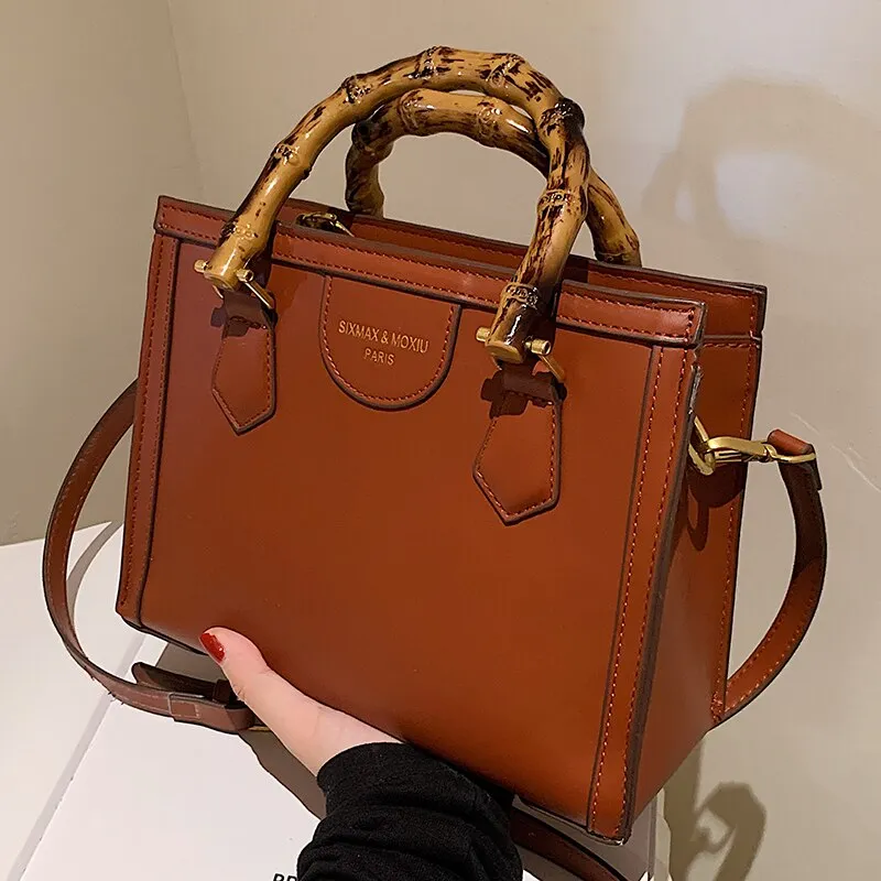 LEFTSIDE Vintage Totes with Bamboo Handle 2021 Winter New Quality PU Leather Women's Designer Handbag Luxury Brand Shoulder Bag