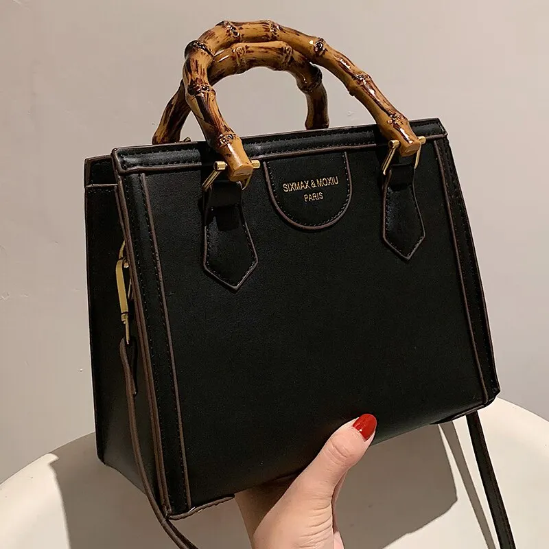 LEFTSIDE Vintage Totes with Bamboo Handle 2021 Winter New Quality PU Leather Women's Designer Handbag Luxury Brand Shoulder Bag