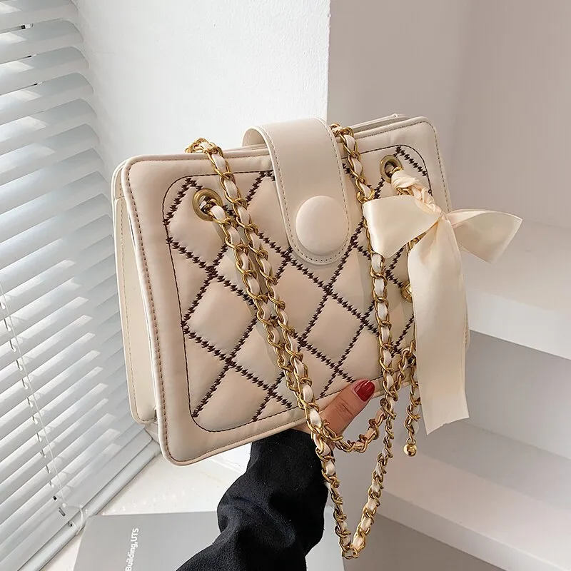 Luxury Brand Bow Lozenge 2021 Fashion New female Tote bag Quality PU Leather Women Designer Handbag Chain Shoulder Messenger bag