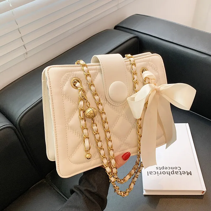 Luxury Brand Bow Lozenge 2021 Fashion New female Tote bag Quality PU Leather Women Designer Handbag Chain Shoulder Messenger bag