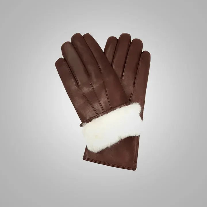 Men’s Brown Lambskin Leather Gloves with White Fur Lining