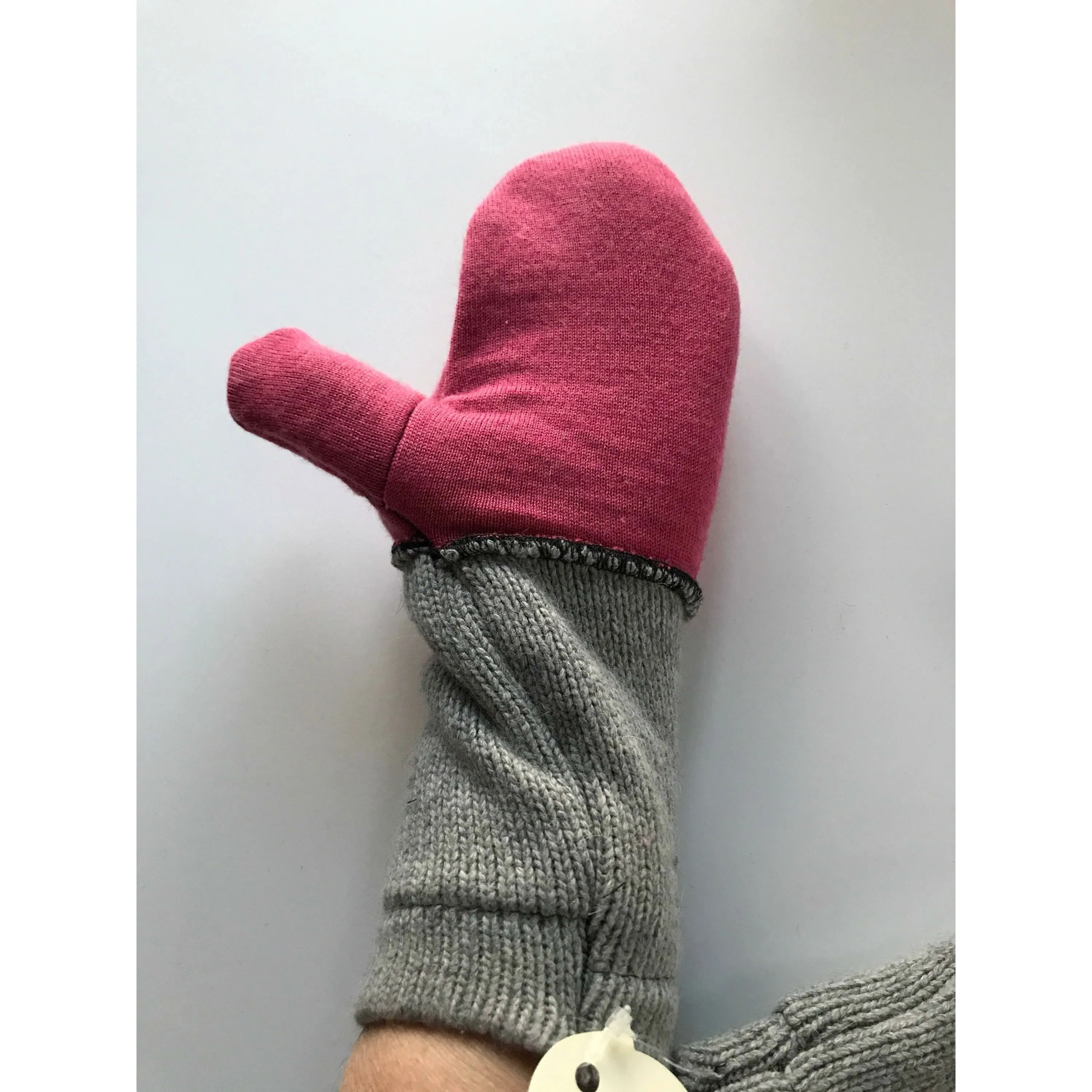 New and Upcycled Recycled Lined Embroidered sweater mitten gloves in pink and gray. Warm and cuddly.