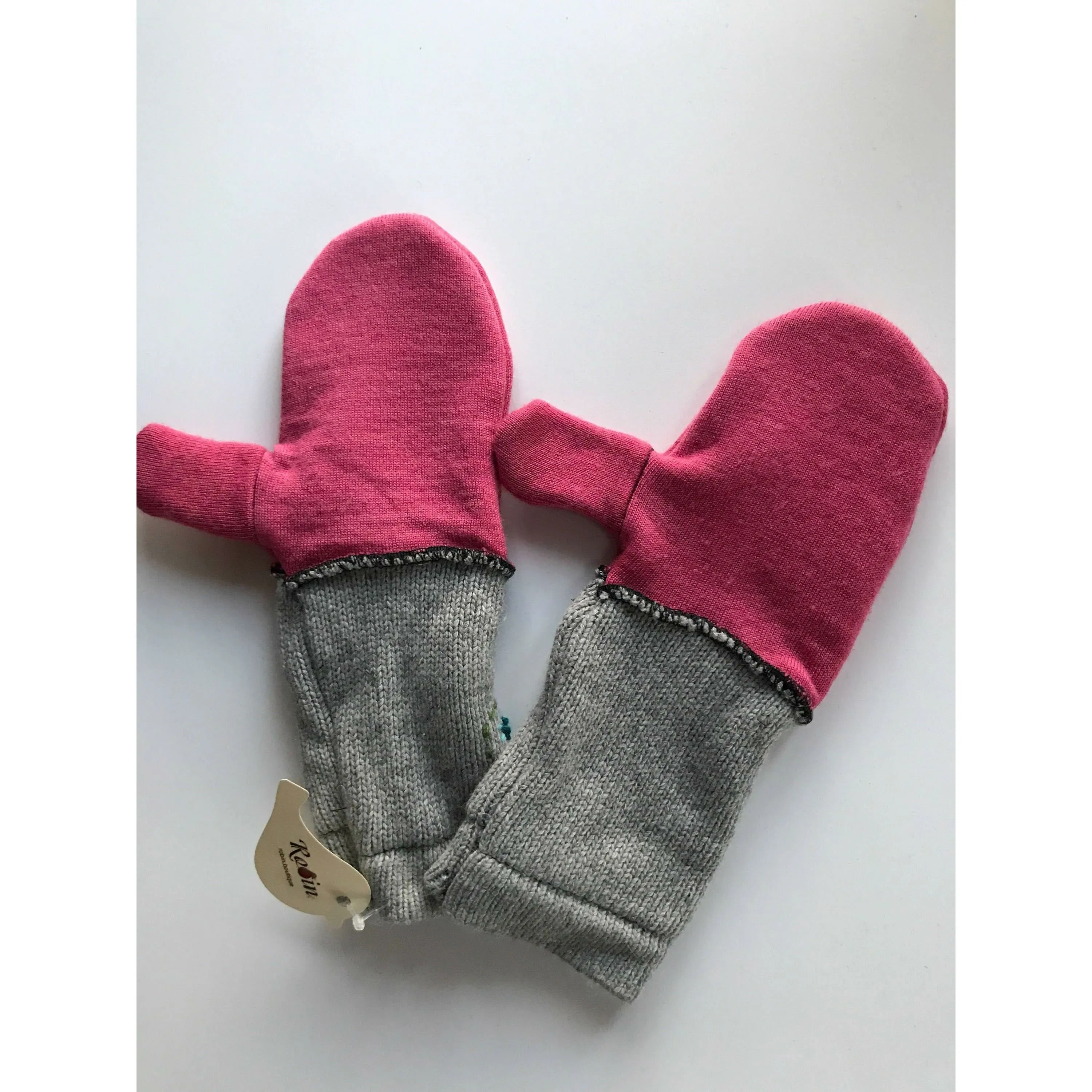 New and Upcycled Recycled Lined Embroidered sweater mitten gloves in pink and gray. Warm and cuddly.