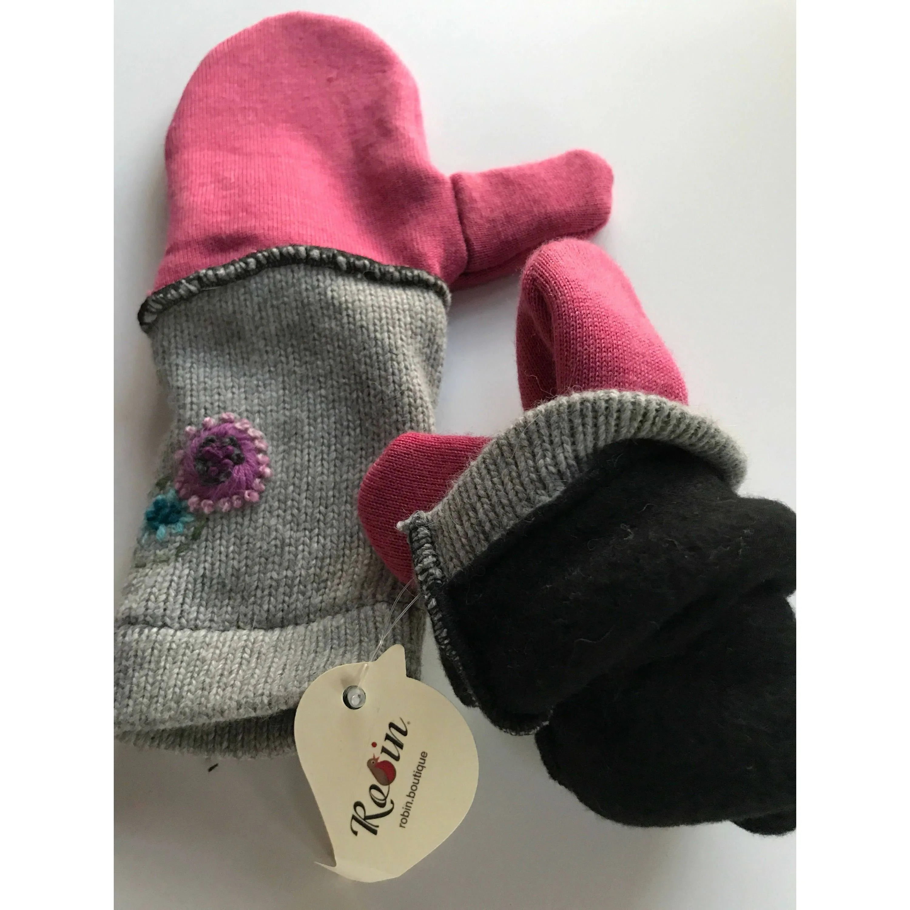 New and Upcycled Recycled Lined Embroidered sweater mitten gloves in pink and gray. Warm and cuddly.