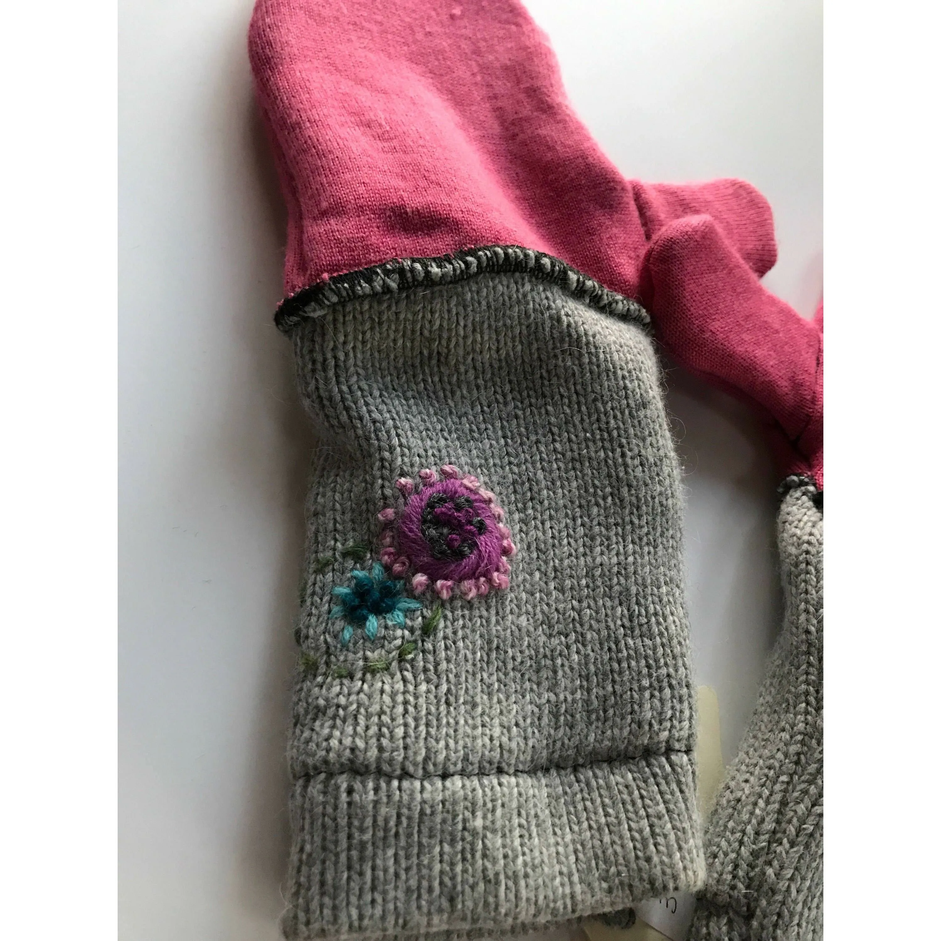 New and Upcycled Recycled Lined Embroidered sweater mitten gloves in pink and gray. Warm and cuddly.