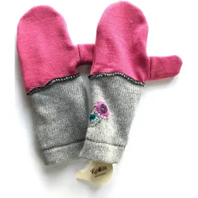 New and Upcycled Recycled Lined Embroidered sweater mitten gloves in pink and gray. Warm and cuddly.