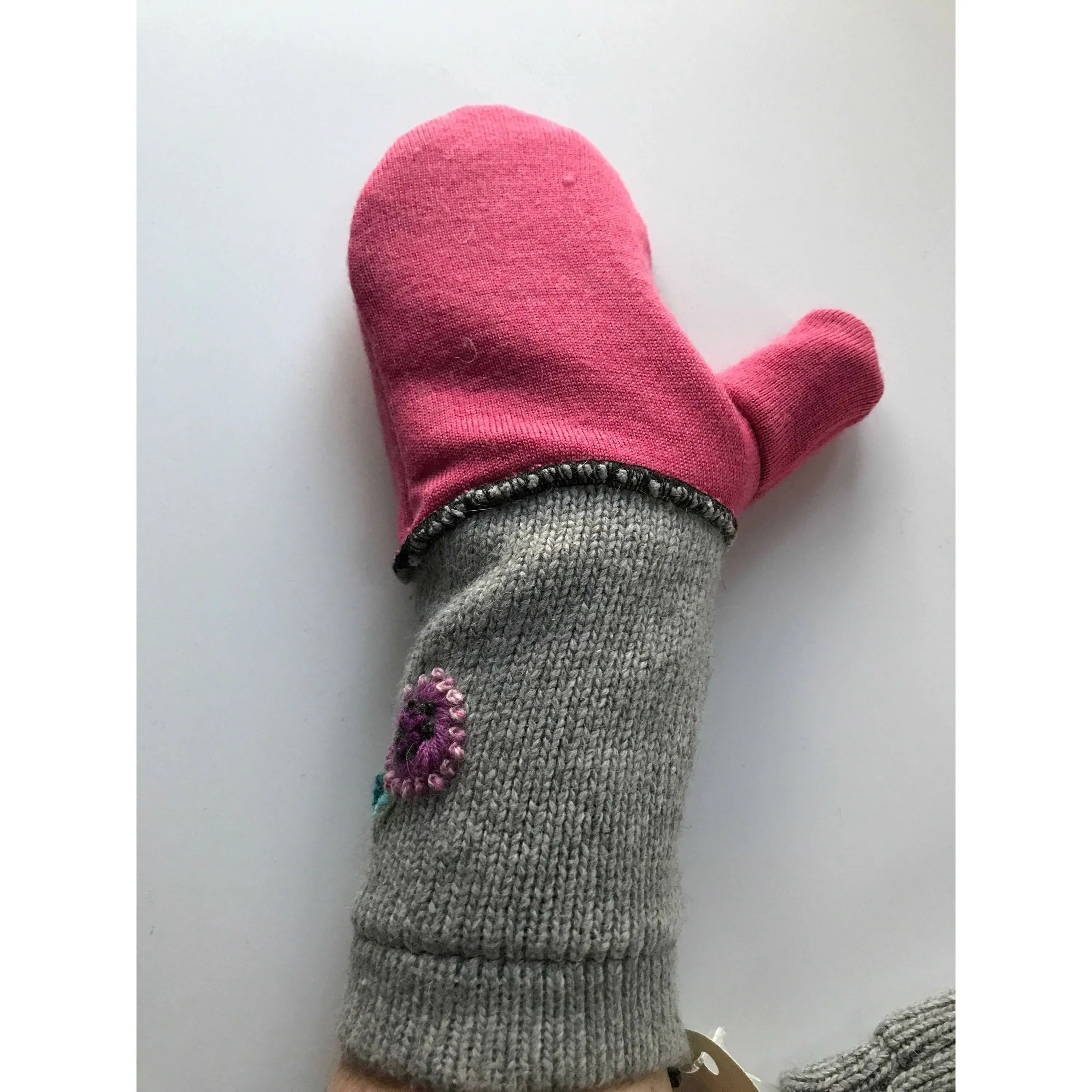 New and Upcycled Recycled Lined Embroidered sweater mitten gloves in pink and gray. Warm and cuddly.