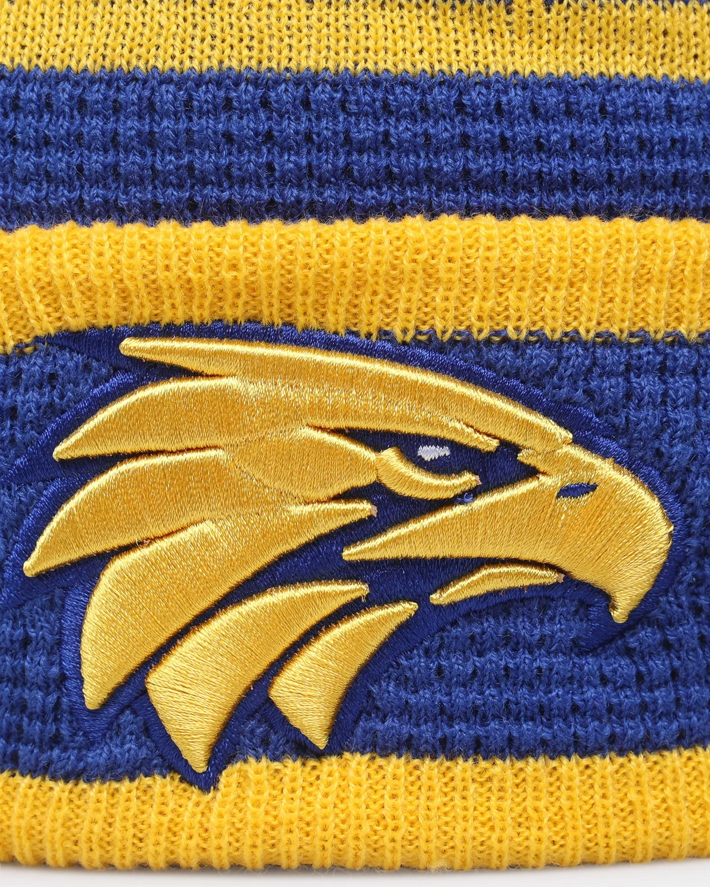 New Era West Coast Eagles AFL Opening Bounce 2022 Pom Waffle Wordmark Beanie Medium Blue/Yellow