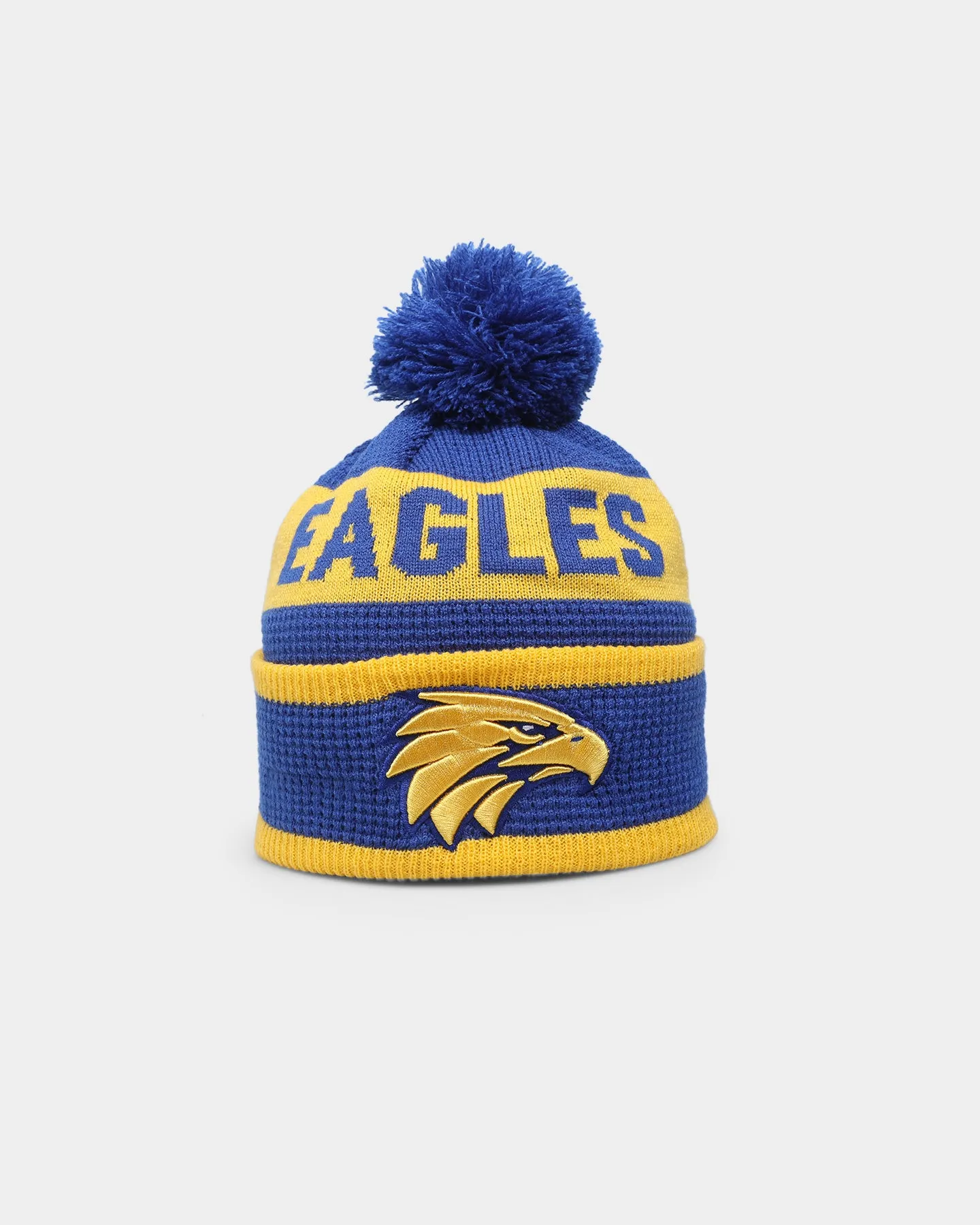 New Era West Coast Eagles AFL Opening Bounce 2022 Pom Waffle Wordmark Beanie Medium Blue/Yellow