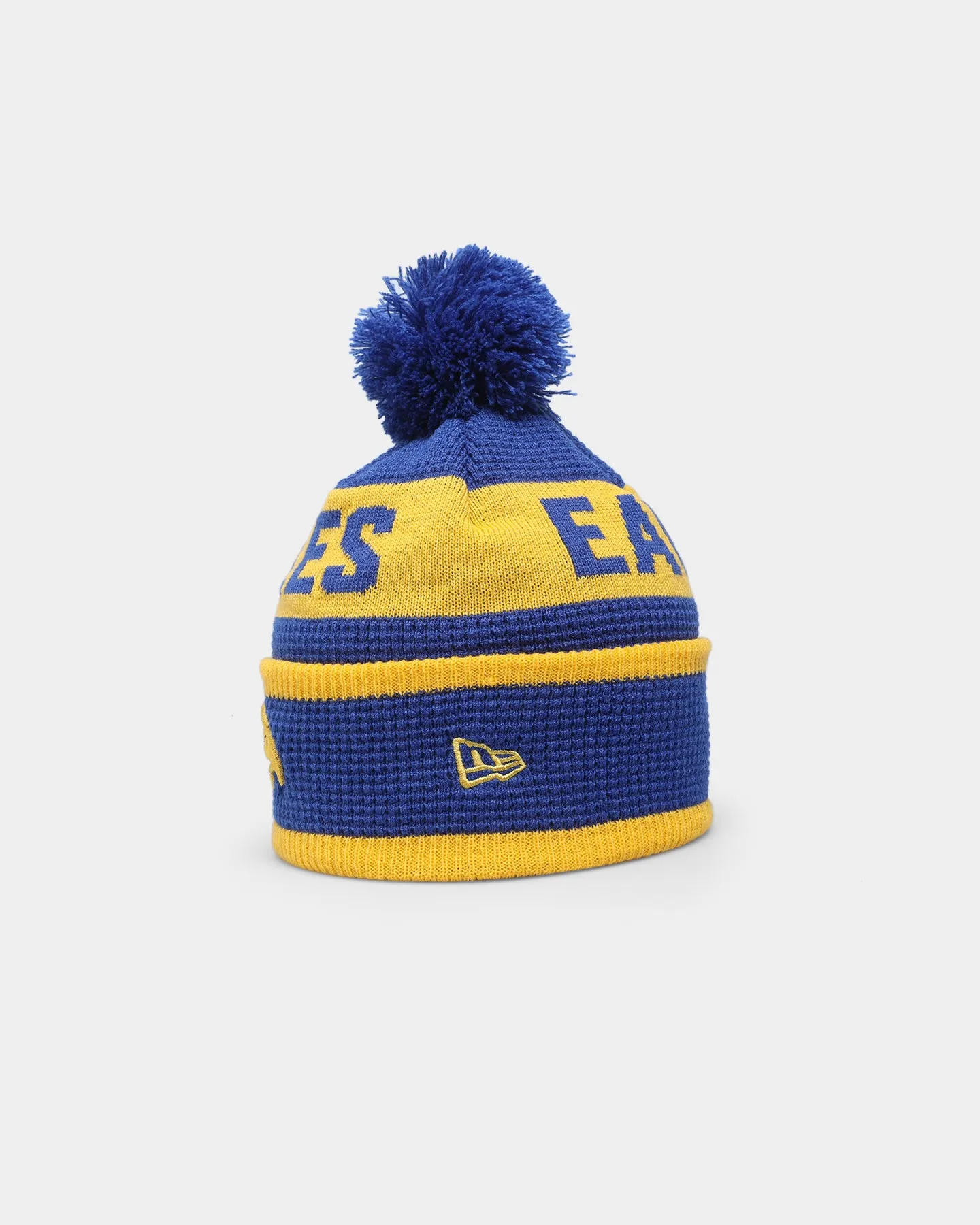 New Era West Coast Eagles AFL Opening Bounce 2022 Pom Waffle Wordmark Beanie Medium Blue/Yellow