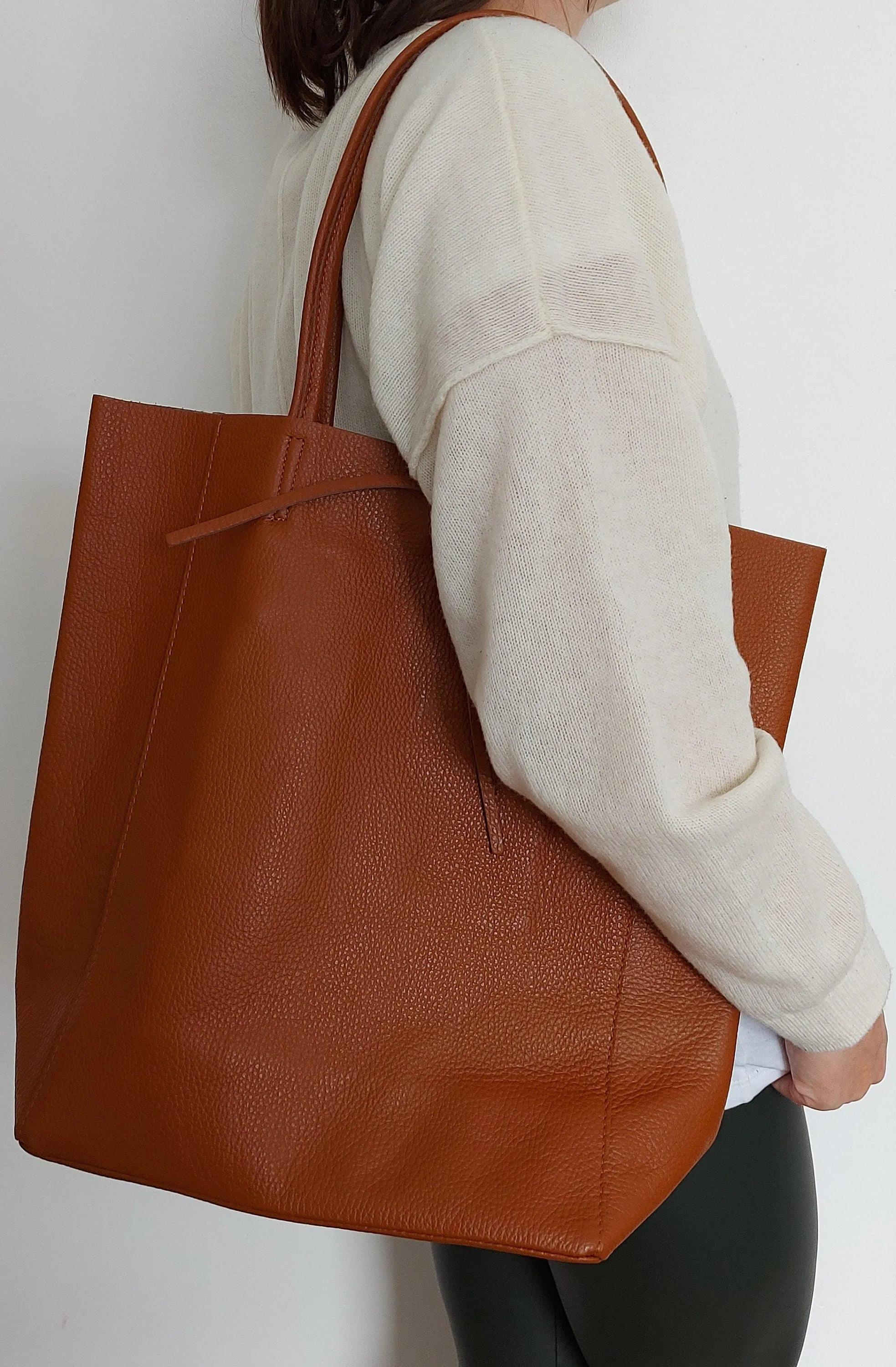 Orange Genuine Leather Shopper Bag Large Leather Tote Bag