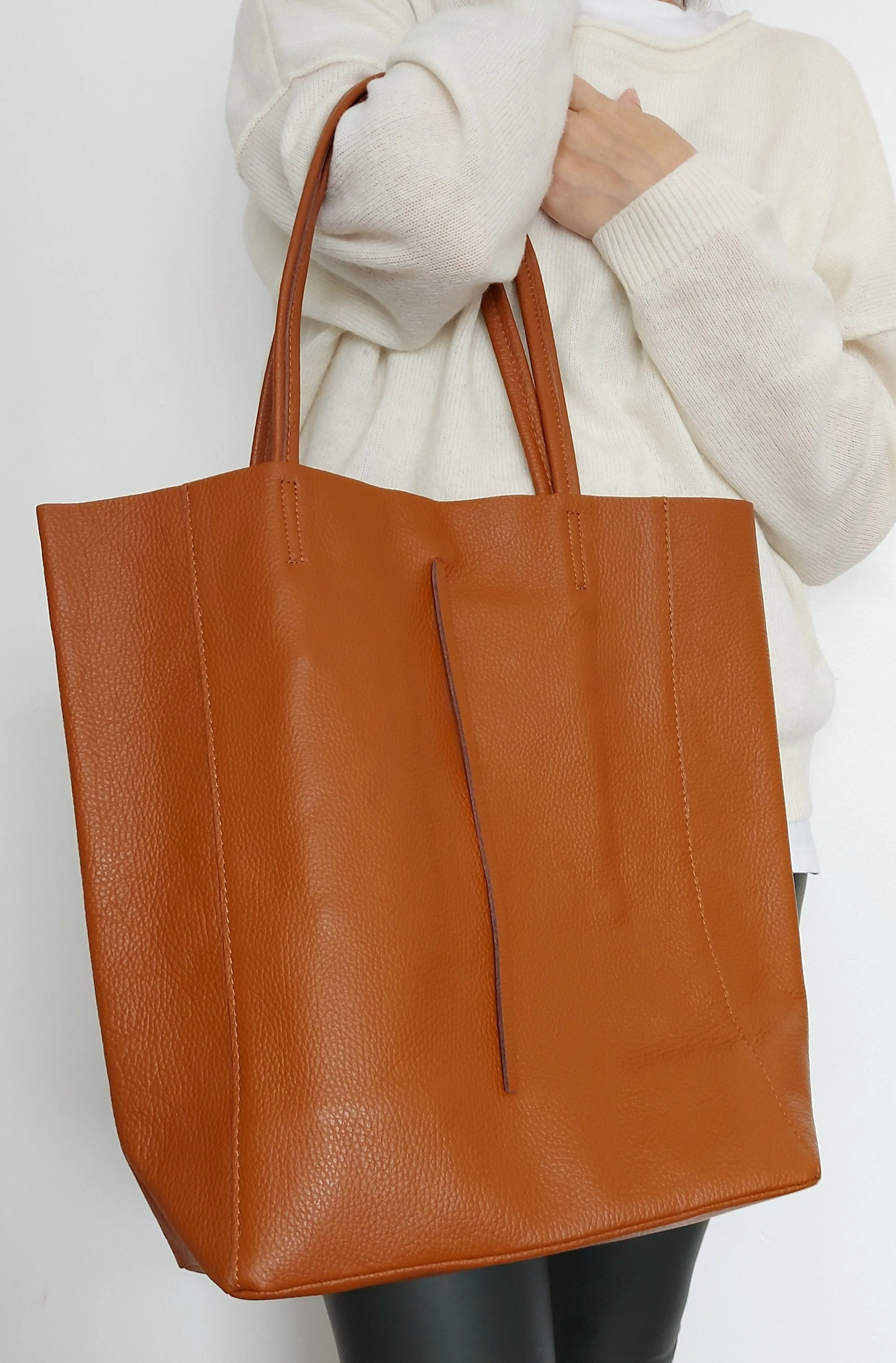 Orange Genuine Leather Shopper Bag Large Leather Tote Bag