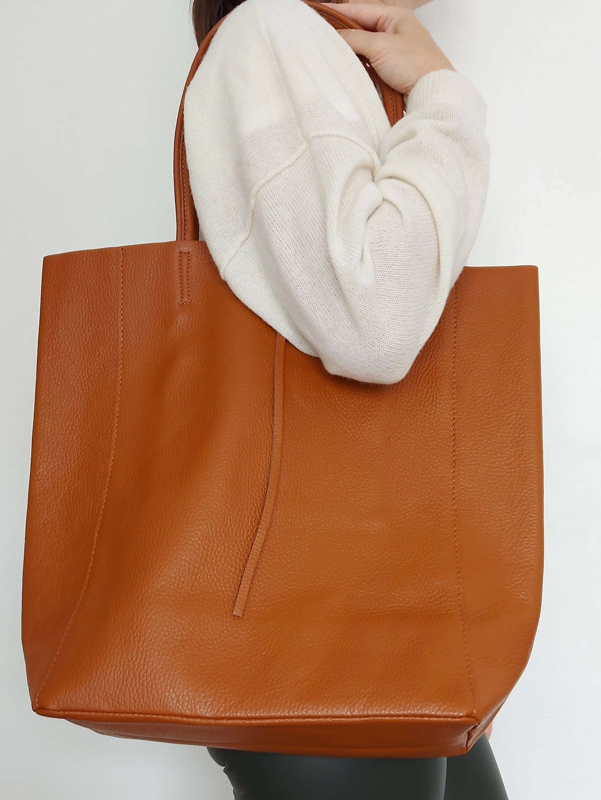 Orange Genuine Leather Shopper Bag Large Leather Tote Bag