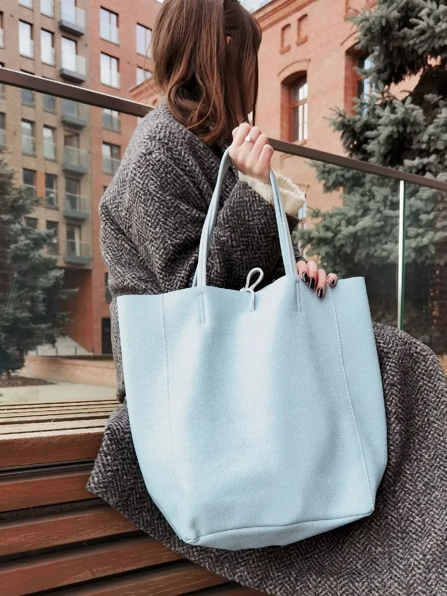 Pale Blue Genuine Leather Shopper Bag Large Leather Tote Bag