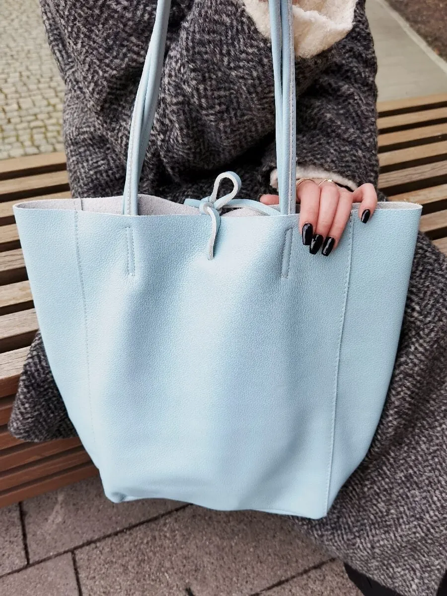 Pale Blue Genuine Leather Shopper Bag Large Leather Tote Bag