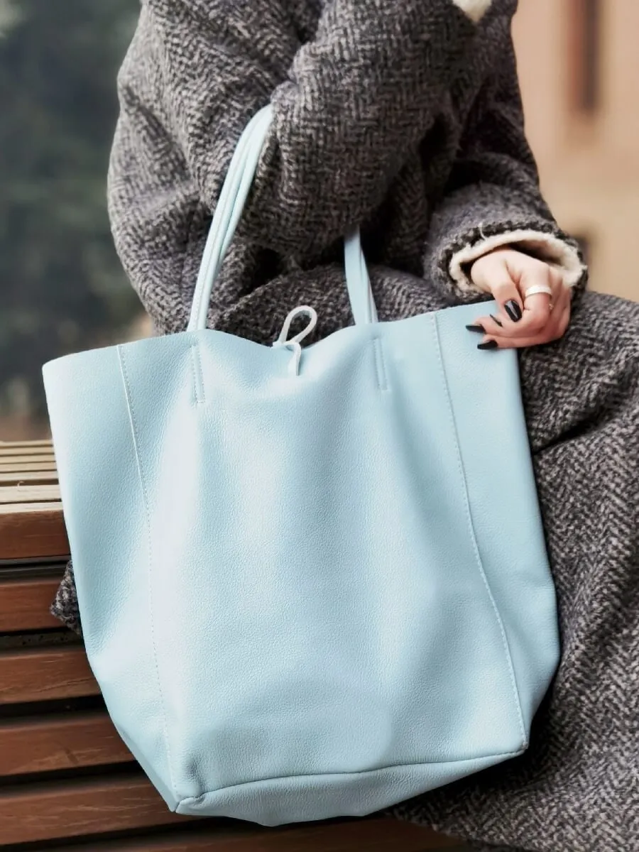 Pale Blue Genuine Leather Shopper Bag Large Leather Tote Bag