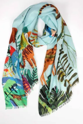 Powder Blue Floral Modal Silk Wool Cashmere Scarf