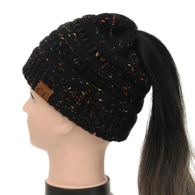 Soft Knit Ponytail Confetti Beanie