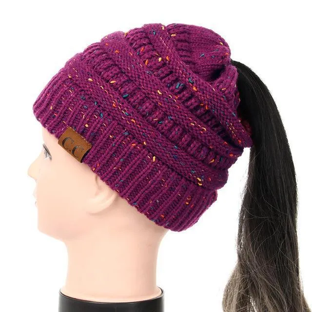 Soft Knit Ponytail Confetti Beanie