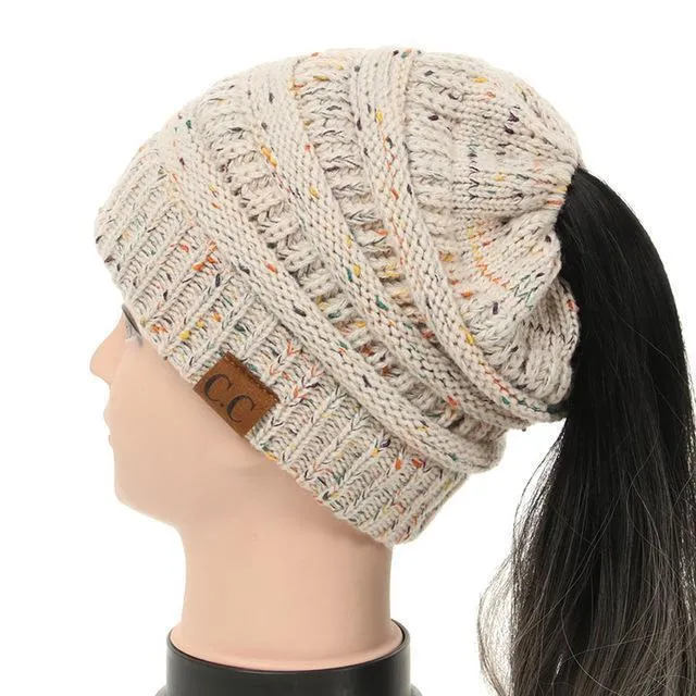 Soft Knit Ponytail Confetti Beanie