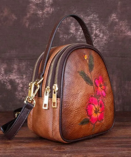 Stylish Brown Print Paitings Calf Leather Backpack Bag