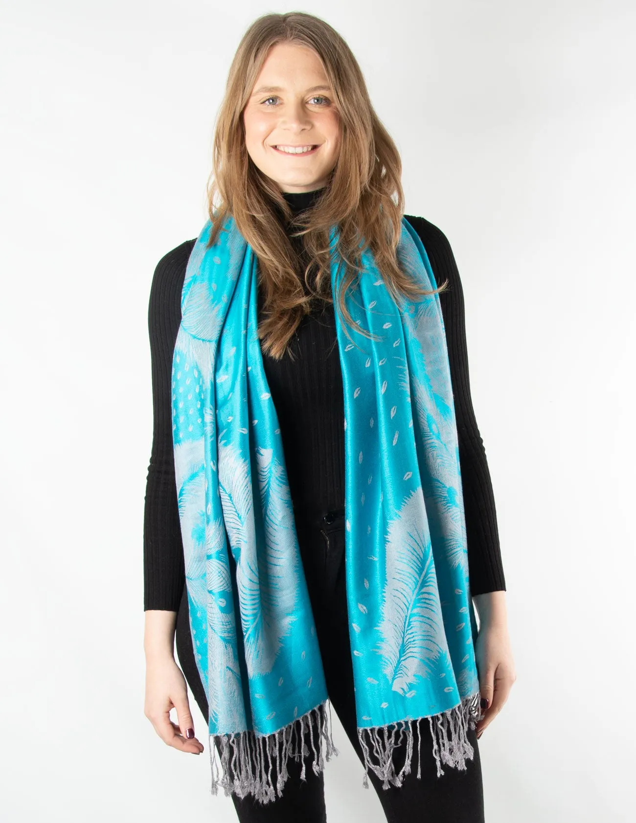 Turquoise Blue And Silver Feather Print Pashmina